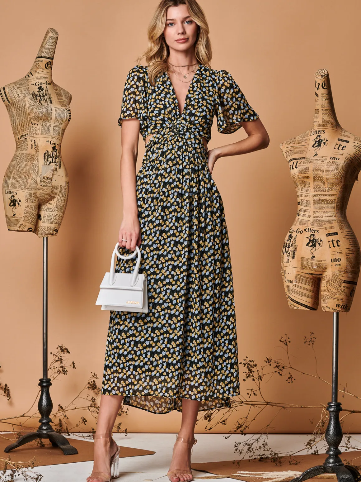 Plunge Neckline Keyhole Chiffon Maxi Dress, Black Multi
