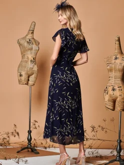 Plunge Neckline Keyhole Chiffon Maxi Dress, Navy Feather