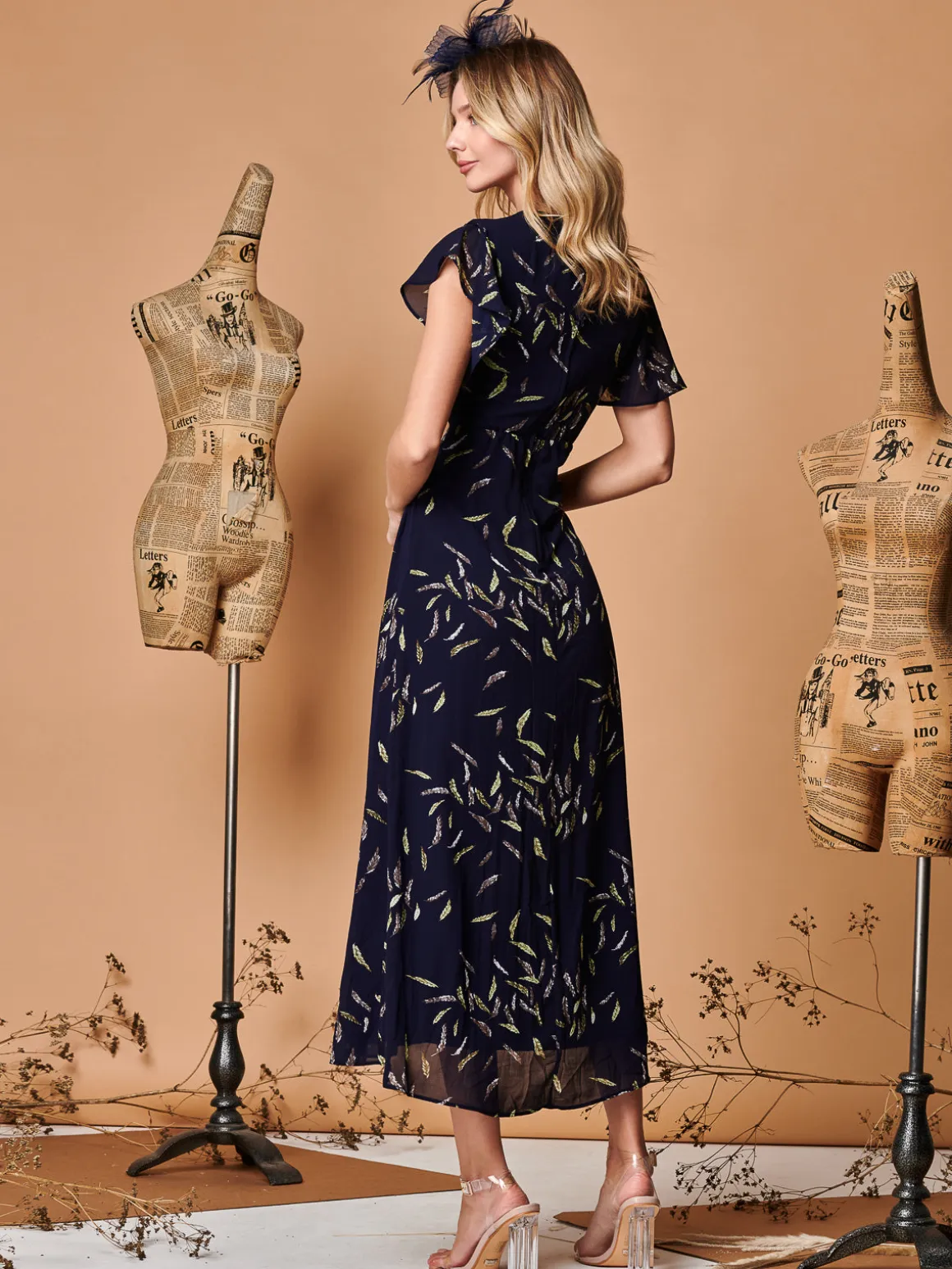 Plunge Neckline Keyhole Chiffon Maxi Dress, Navy Feather