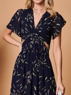 Plunge Neckline Keyhole Chiffon Maxi Dress, Navy Feather