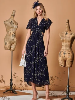 Plunge Neckline Keyhole Chiffon Maxi Dress, Navy Feather