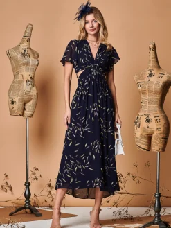 Plunge Neckline Keyhole Chiffon Maxi Dress, Navy Feather