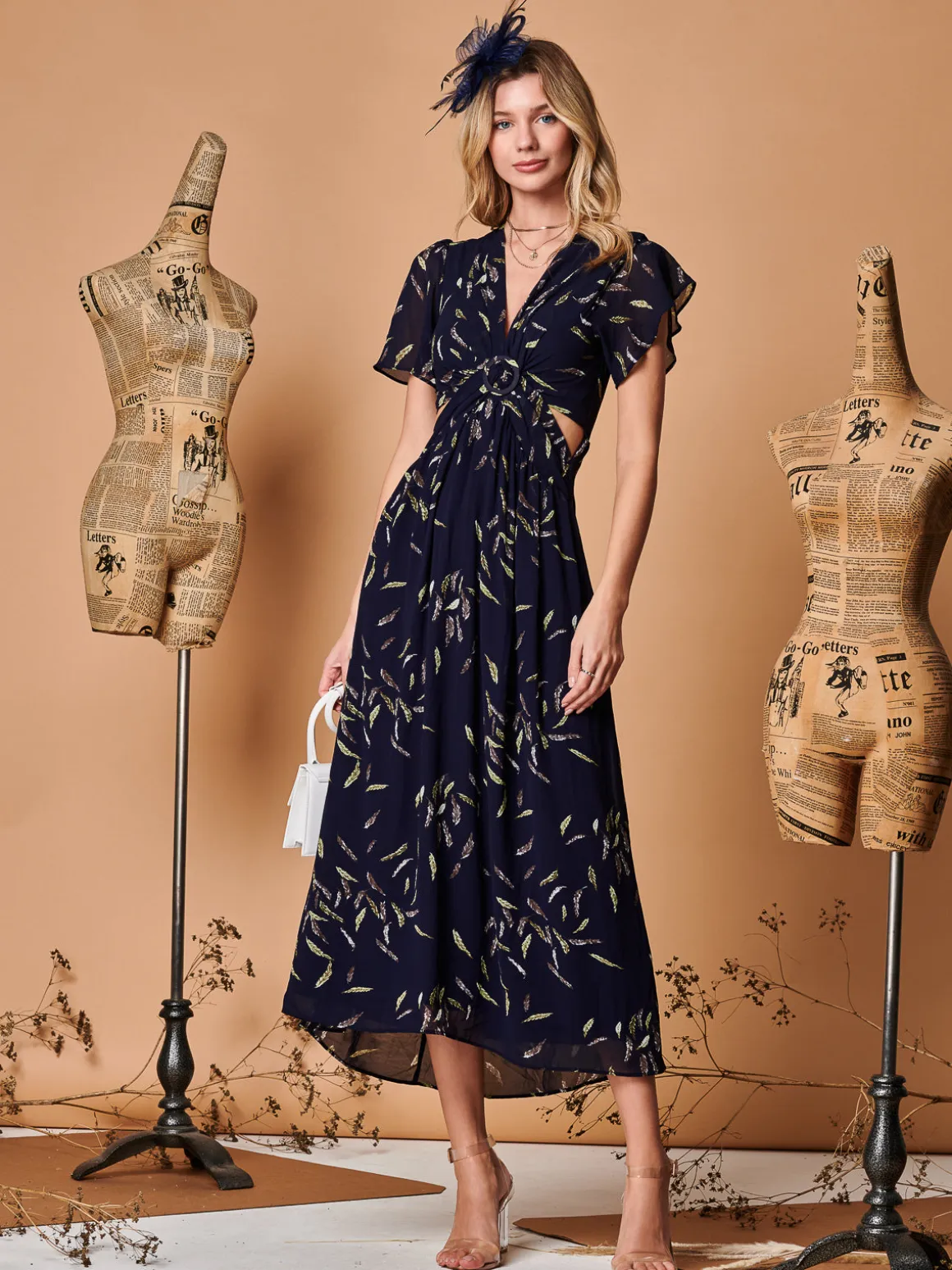Plunge Neckline Keyhole Chiffon Maxi Dress, Navy Feather