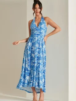 Plunge Neck Shirred Back Maxi Dress, Blue