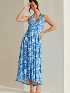 Plunge Neck Shirred Back Maxi Dress, Blue