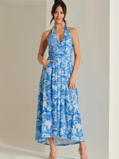 Plunge Neck Shirred Back Maxi Dress, Blue