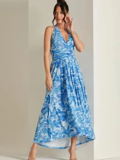 Plunge Neck Shirred Back Maxi Dress, Blue