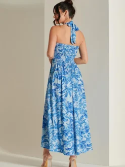 Plunge Neck Shirred Back Maxi Dress, Blue