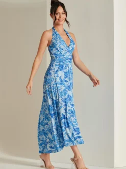 Plunge Neck Shirred Back Maxi Dress, Blue