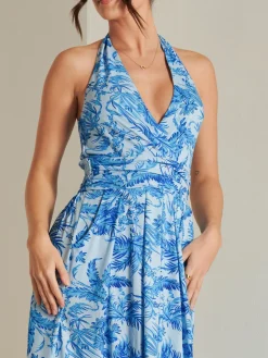 Plunge Neck Shirred Back Maxi Dress, Blue