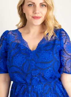 Plus Size Flare Sleeve Belted Lace Dress, Royal Blue