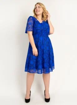 Plus Size Flare Sleeve Belted Lace Dress, Royal Blue