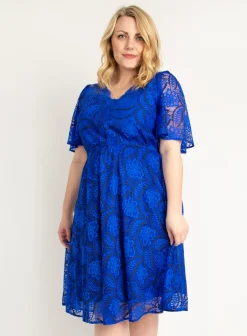 Plus Size Flare Sleeve Belted Lace Dress, Royal Blue