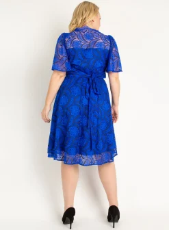 Plus Size Flare Sleeve Belted Lace Dress, Royal Blue