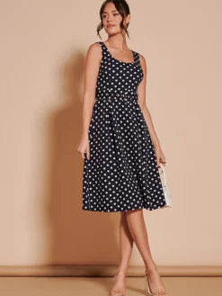 Polka Dot 1950's Inspired Swing Dress, Navy Spot