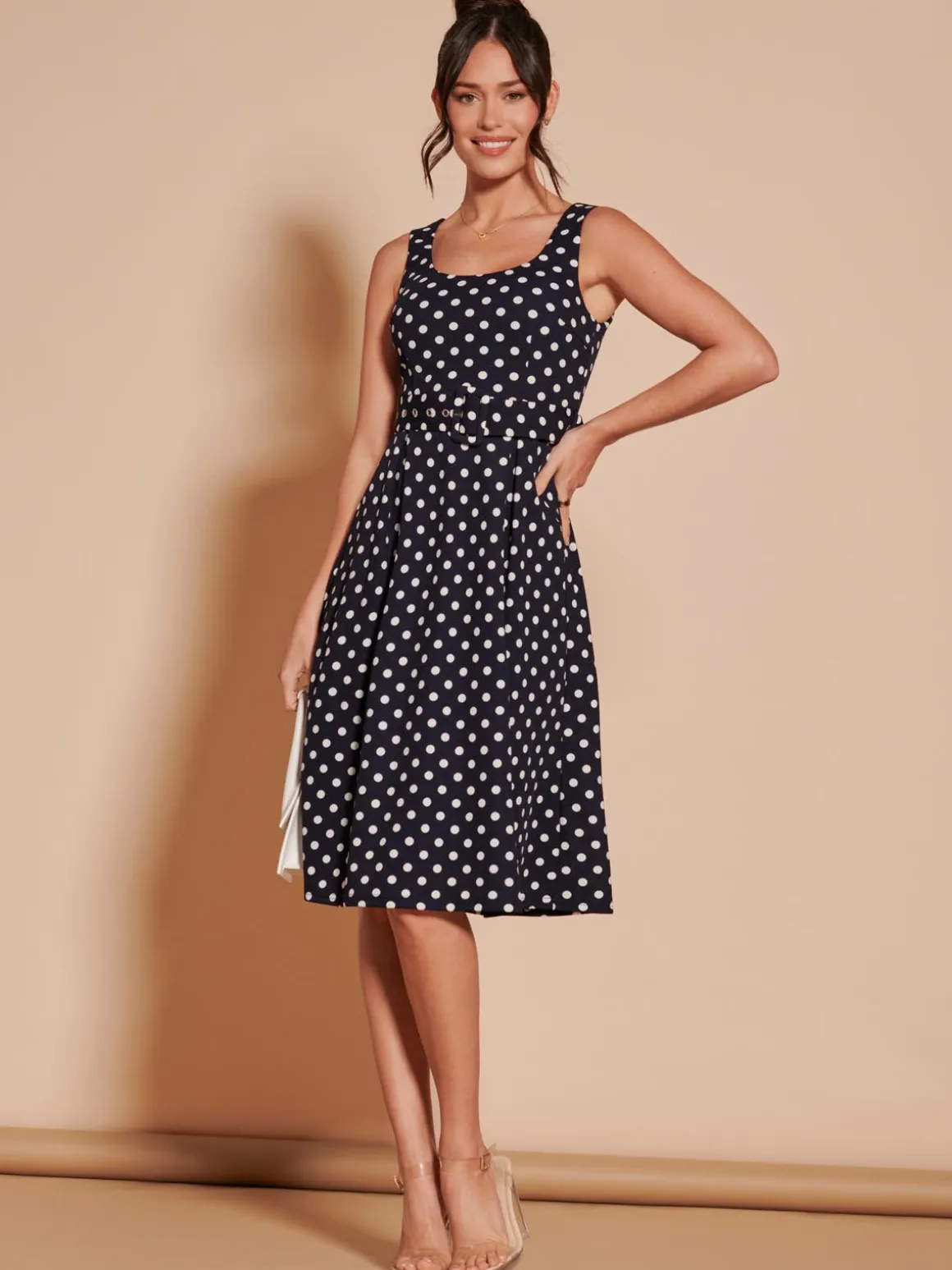 Polka Dot 1950's Inspired Swing Dress, Navy Spot