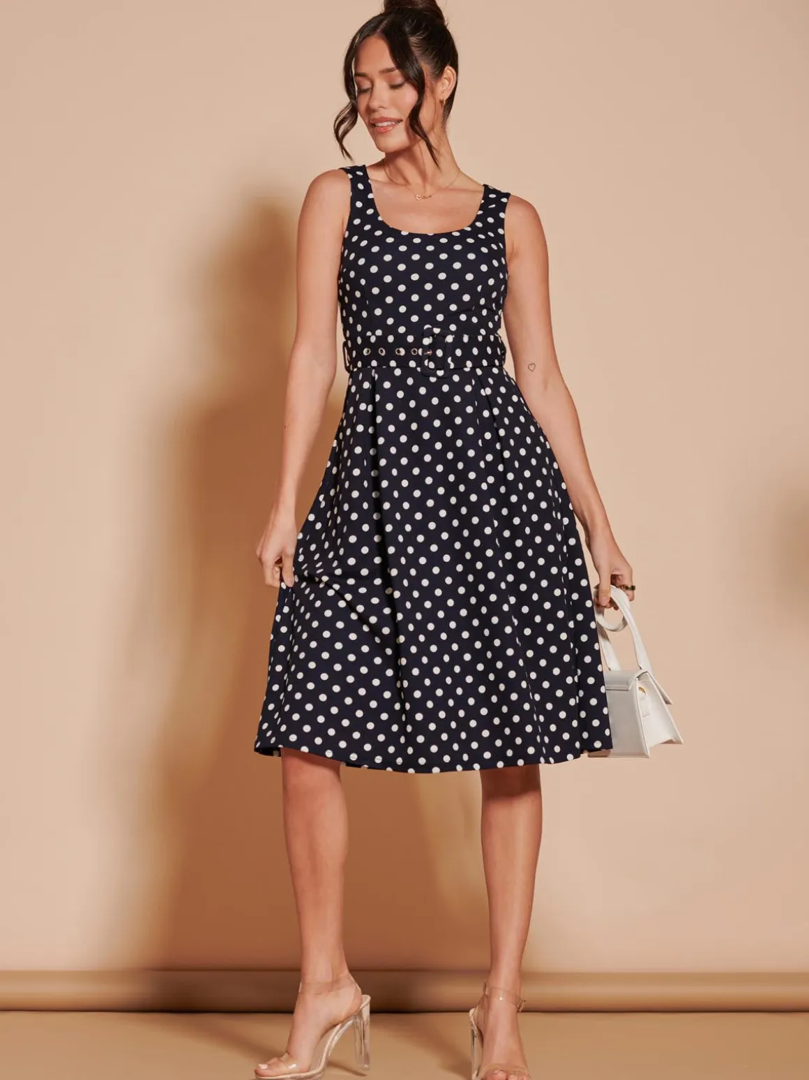 Polka Dot 1950's Inspired Swing Dress, Navy Spot