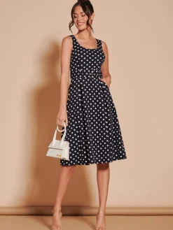 Polka Dot 1950's Inspired Swing Dress, Navy Spot