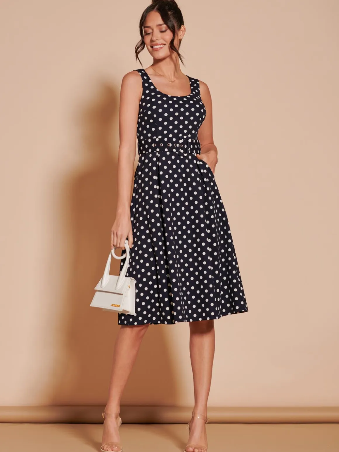 Polka Dot 1950's Inspired Swing Dress, Navy Spot