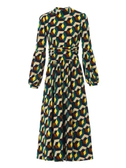 Polo Neck Long Sleeve Midi Dress, Teal White Geo