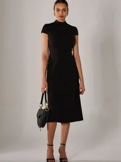 Ponte Cap Sleeve Midi Dress, Black