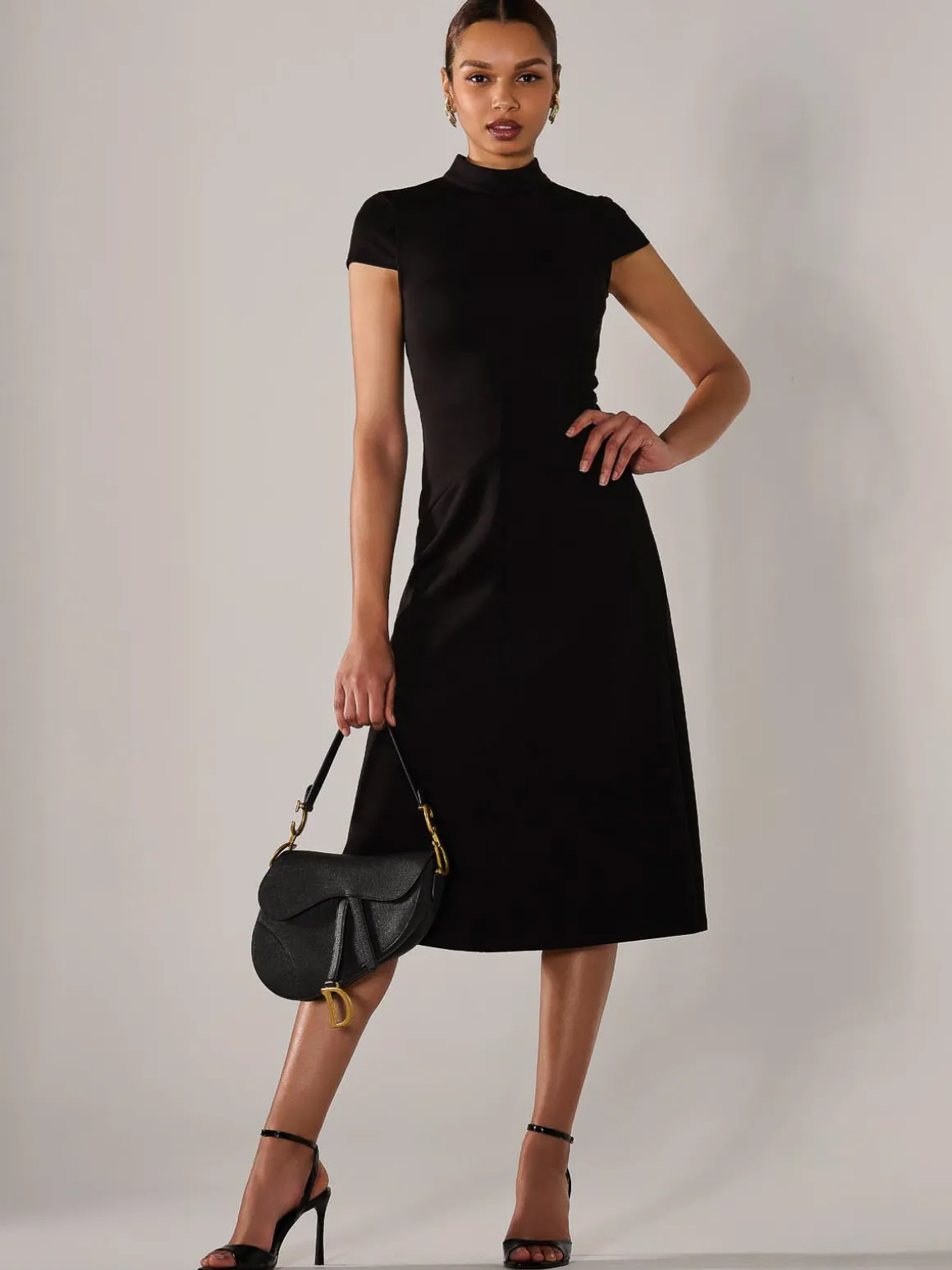 Ponte Cap Sleeve Midi Dress, Black