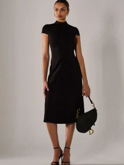 Ponte Cap Sleeve Midi Dress, Black