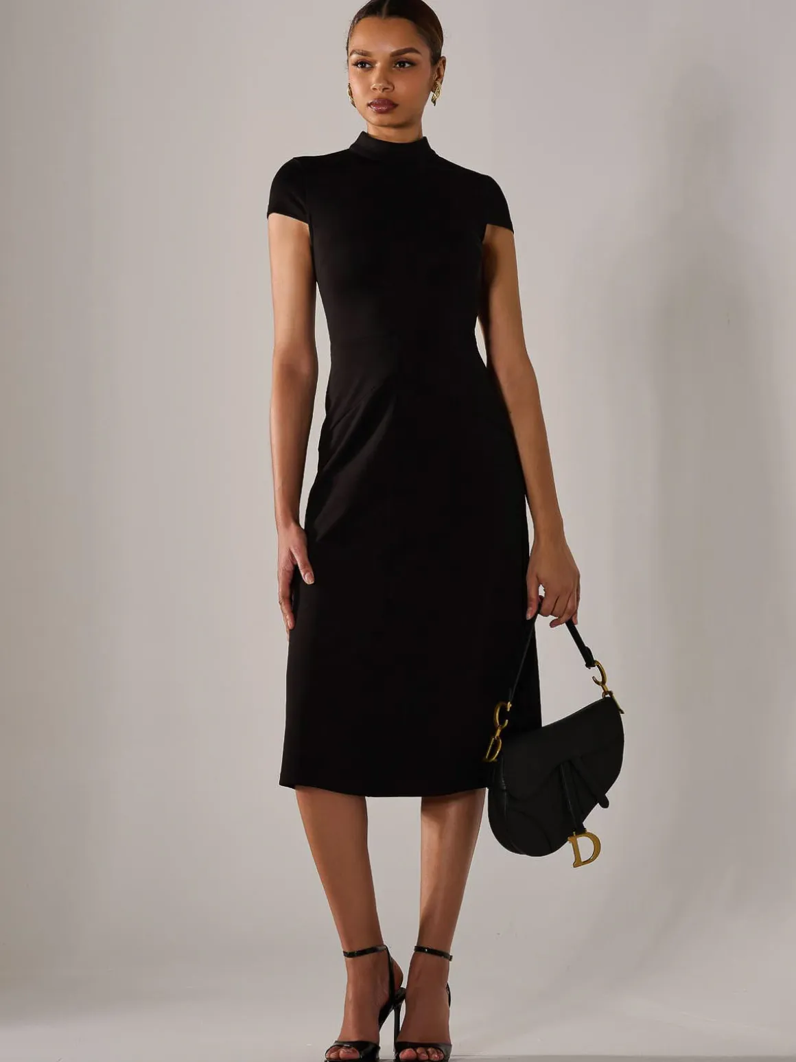 Ponte Cap Sleeve Midi Dress, Black