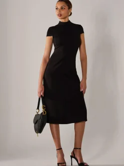 Ponte Cap Sleeve Midi Dress, Black