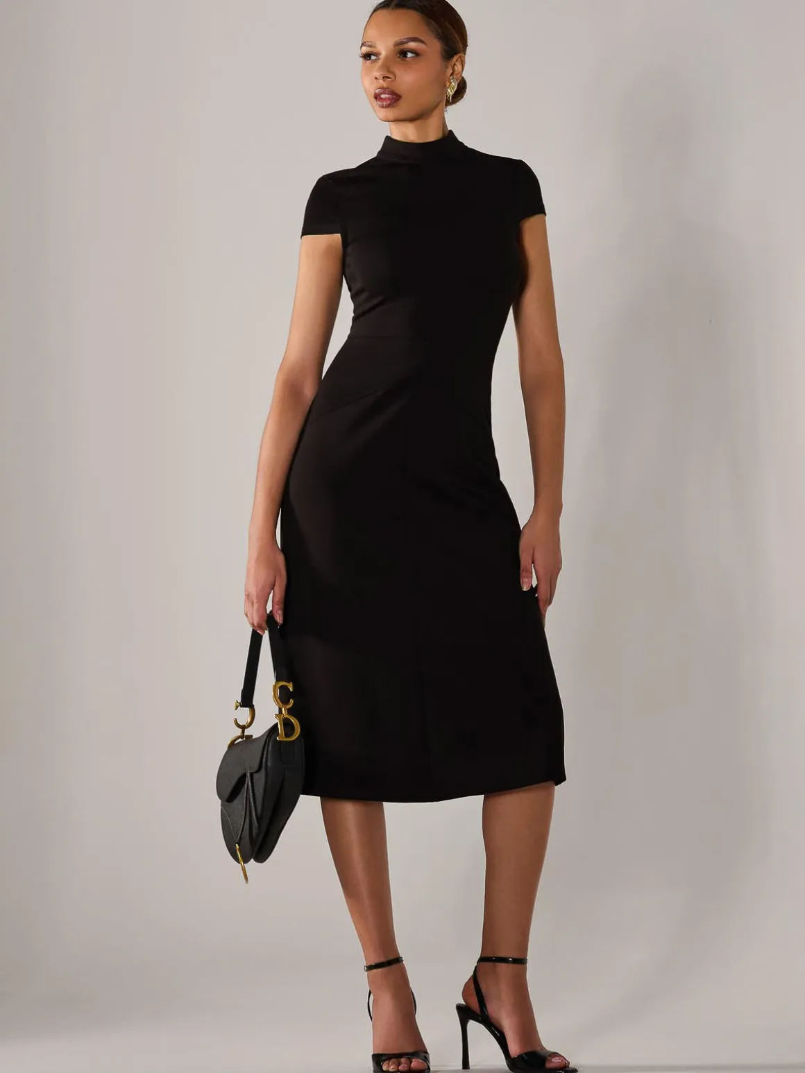 Ponte Cap Sleeve Midi Dress, Black