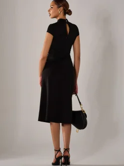 Ponte Cap Sleeve Midi Dress, Black