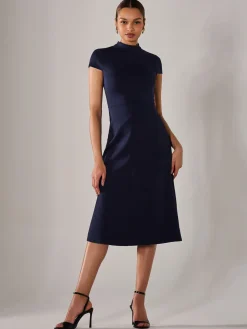 Ponte Cap Sleeve Midi Dress, Navy