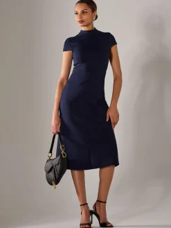 Ponte Cap Sleeve Midi Dress, Navy