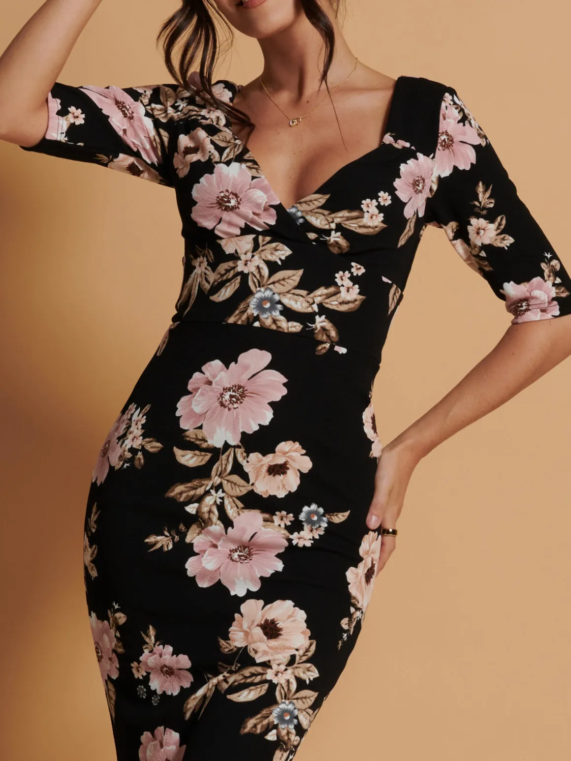 Pranavi Print Scuba Bodycon Dress, Black Floral