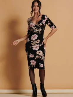 Pranavi Print Scuba Bodycon Dress, Black Floral