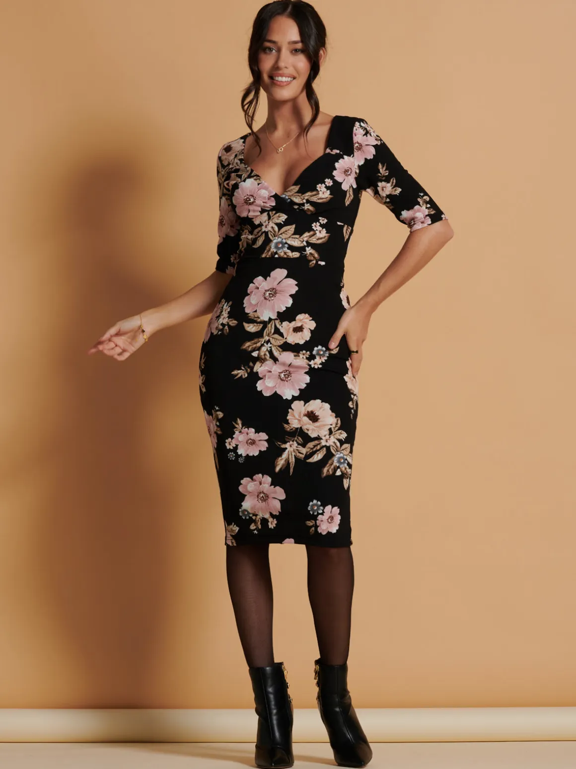 Pranavi Print Scuba Bodycon Dress, Black Floral