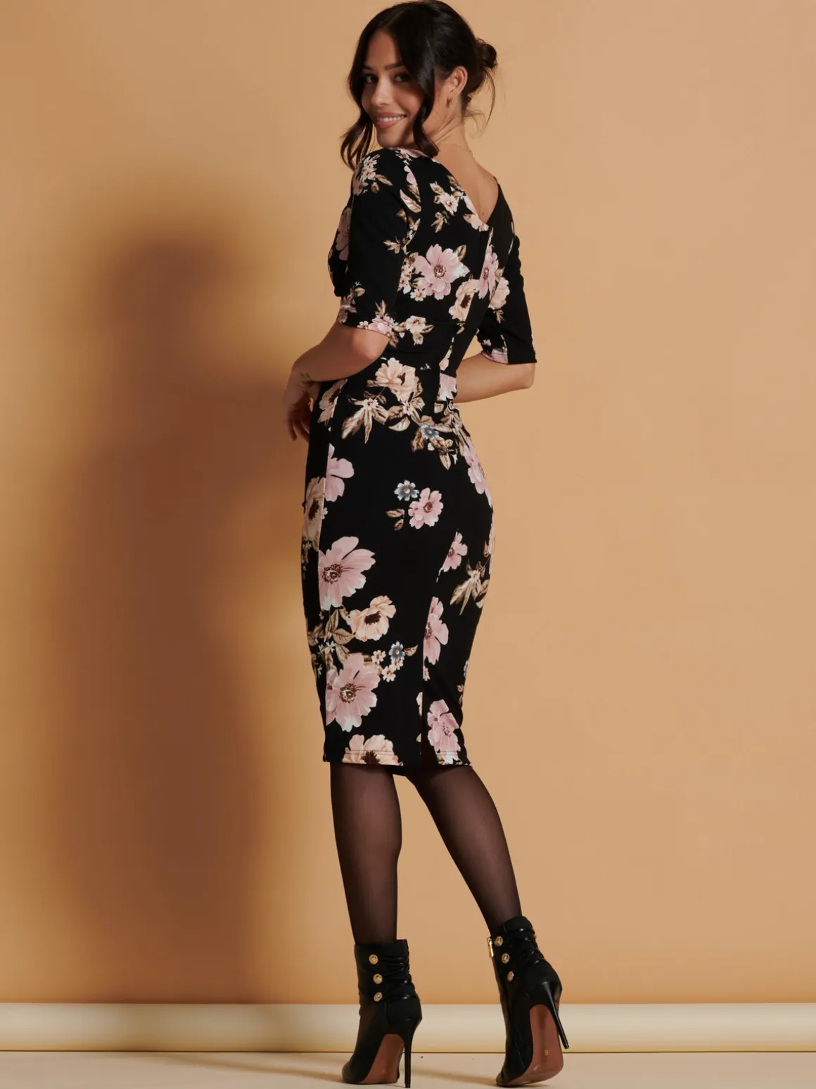 Pranavi Print Scuba Bodycon Dress, Black Floral