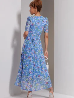 Print Dip Hem Mesh Maxi Dress, Blue Floral