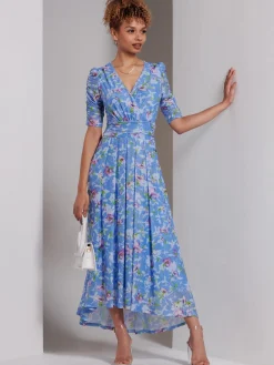 Print Dip Hem Mesh Maxi Dress, Blue Floral