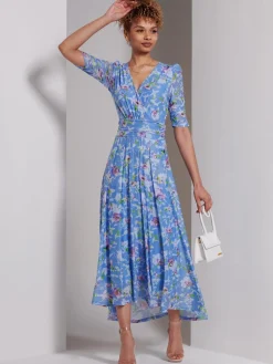 Print Dip Hem Mesh Maxi Dress, Blue Floral