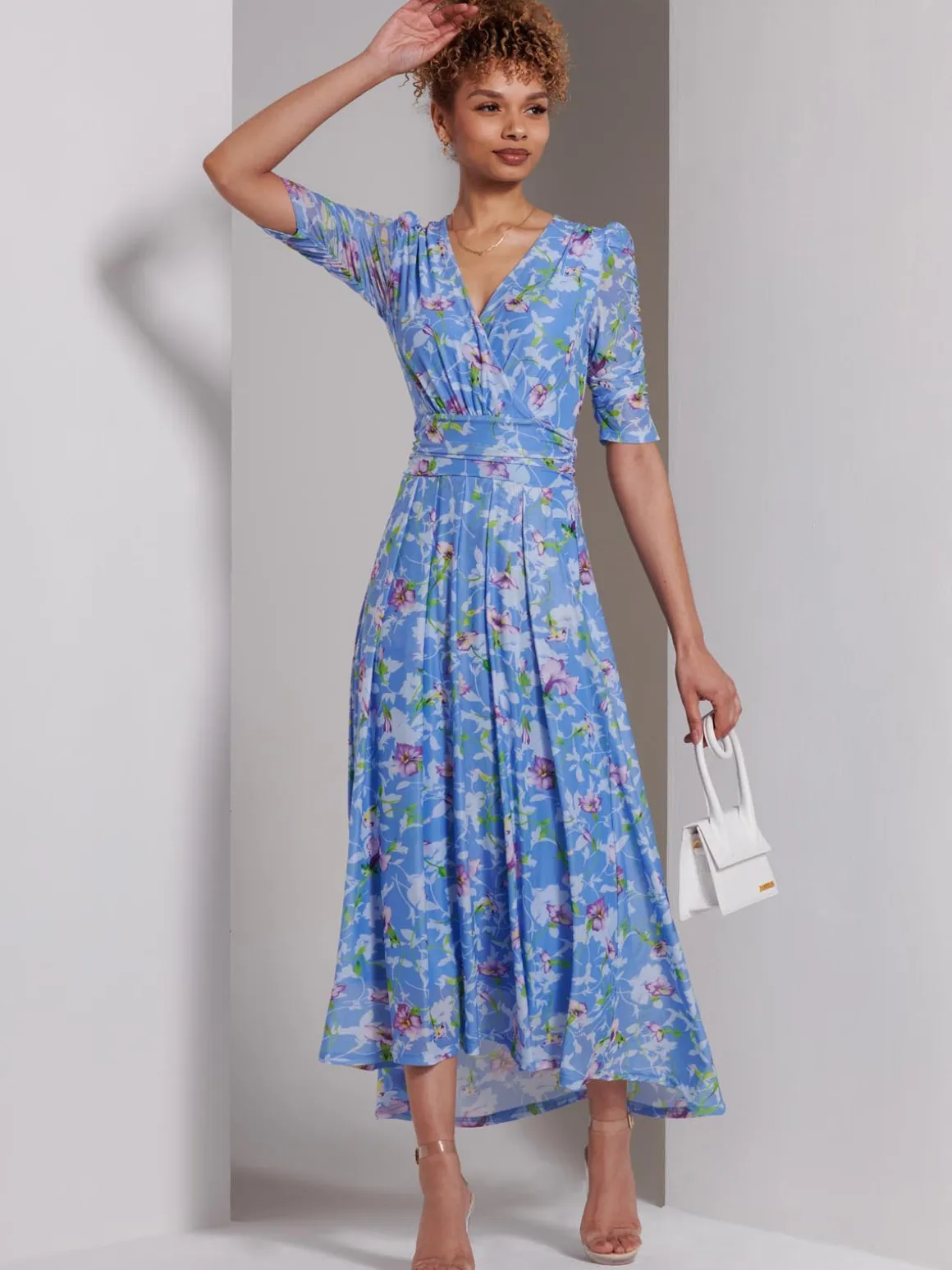 Print Dip Hem Mesh Maxi Dress, Blue Floral