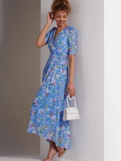 Print Dip Hem Mesh Maxi Dress, Blue Floral