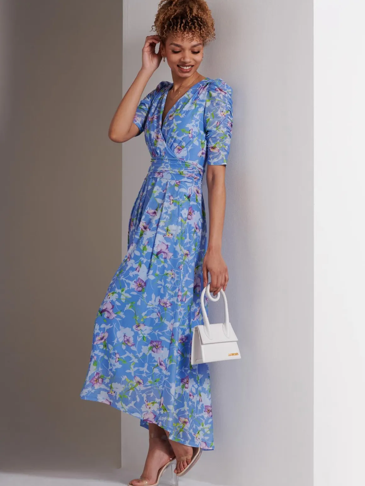 Print Dip Hem Mesh Maxi Dress, Blue Floral