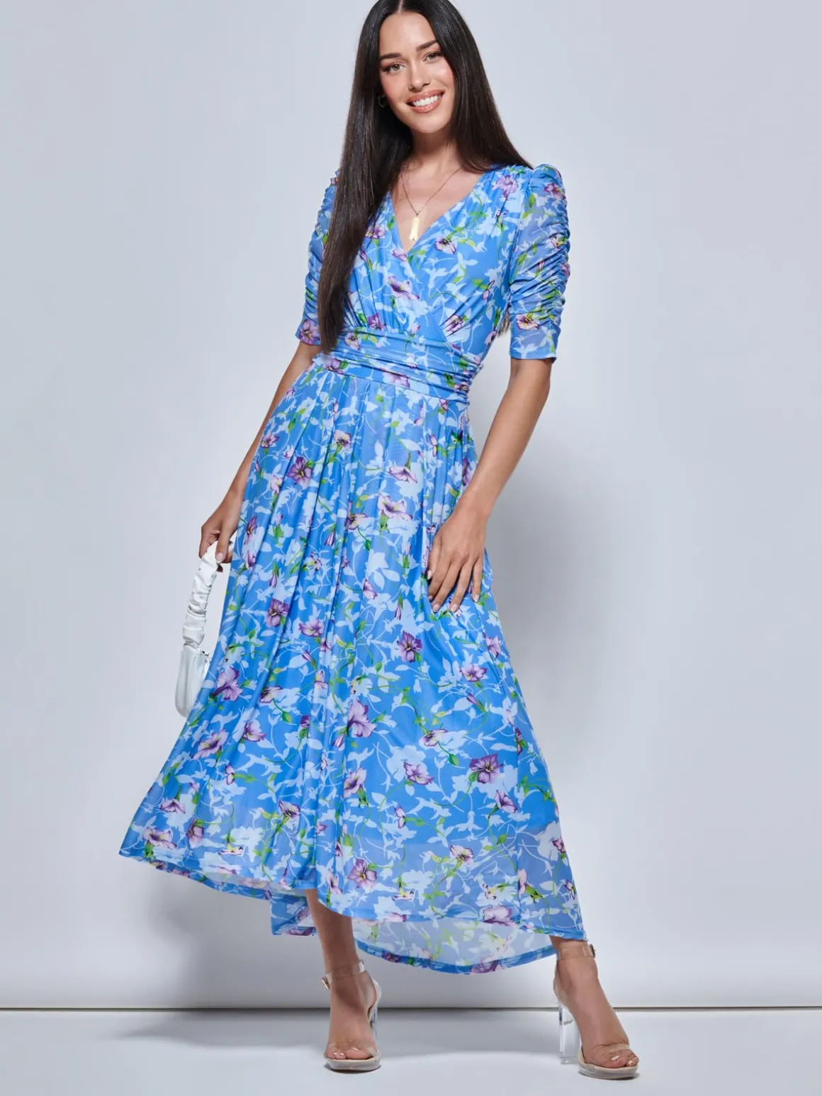 Print Dip Hem Mesh Maxi Dress, Blue Floral