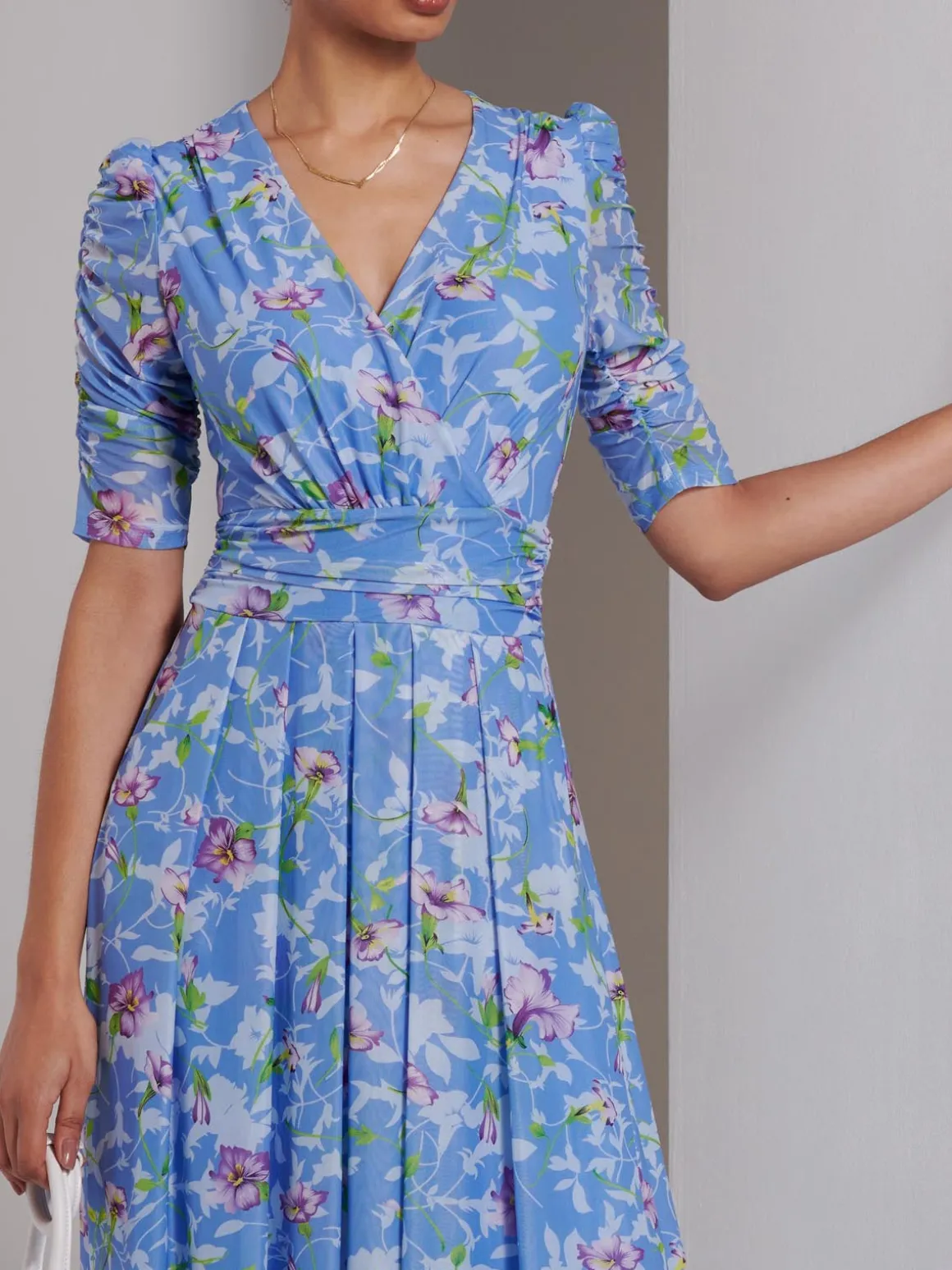 Print Dip Hem Mesh Maxi Dress, Blue Floral