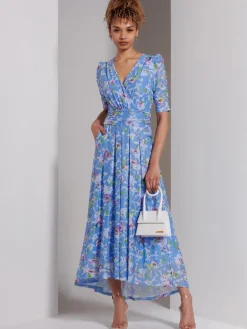 Print Dip Hem Mesh Maxi Dress, Blue Floral