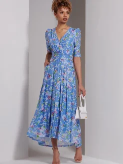 Print Dip Hem Mesh Maxi Dress, Blue Floral