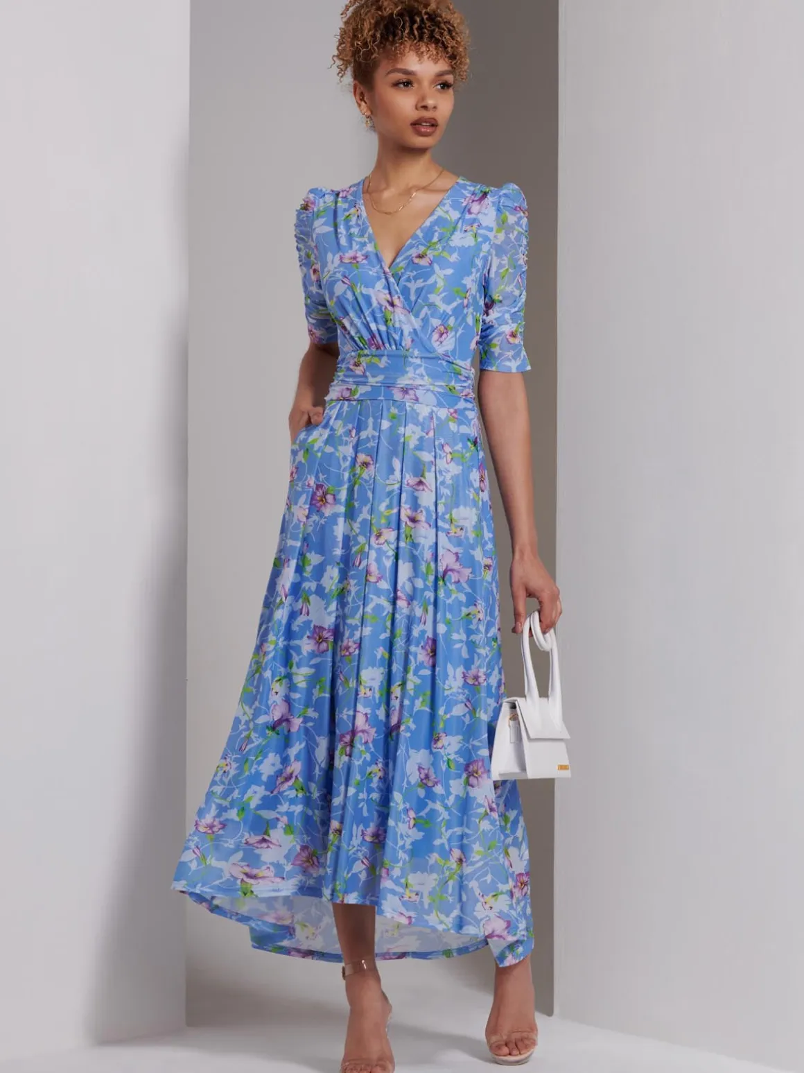 Print Dip Hem Mesh Maxi Dress, Blue Floral