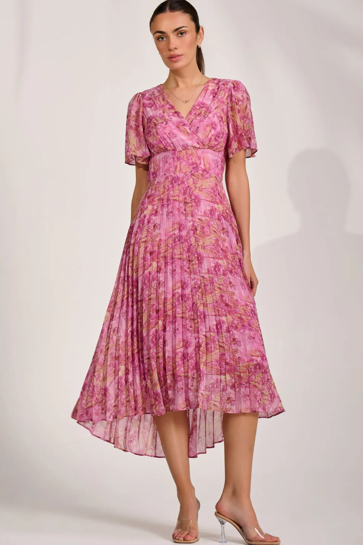 Printed Chiffon Glitter Maxi Dress, Pink Abstract