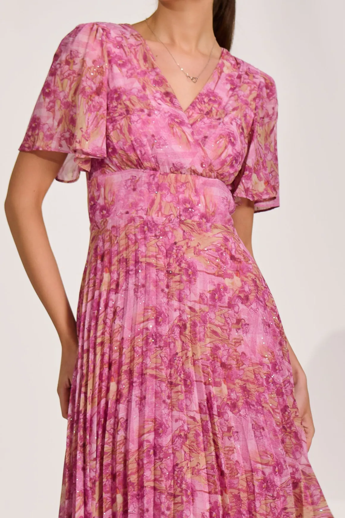 Printed Chiffon Glitter Maxi Dress, Pink Abstract